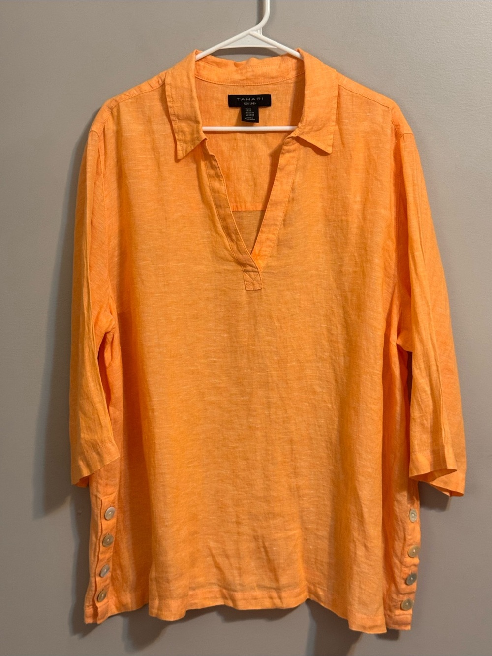 Tahari 2X 100% Linen Orange Tunic Blouse Collared Side Button Top